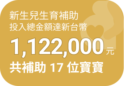 新生兒生育補助投入總金額 1,122,000 元，共補助 17 位寶寶